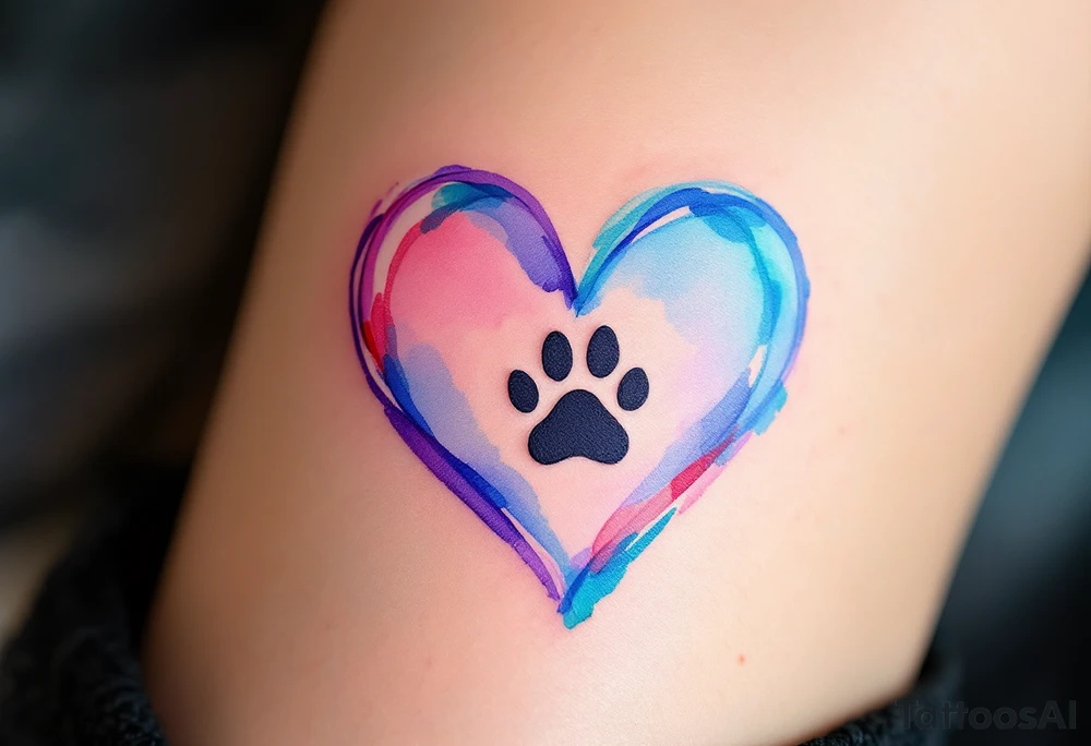 A heart created from soft, flowing watercolor brush strokes in shades of blue, pink, and purple. A small, black paw print sits at the center of the heart, creating a focal point. The watercolor effect radiates outward from the heart, blending seamlessly into the skin. Light Blue, Soft Pink, Purple (for watercolor), Black (for paw print). tattoo idea