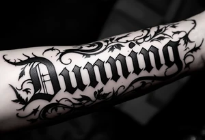 Dunning, left forearm details include angel wing, greek type of font,jungle leaves , tiger claw scratch tattoo idea