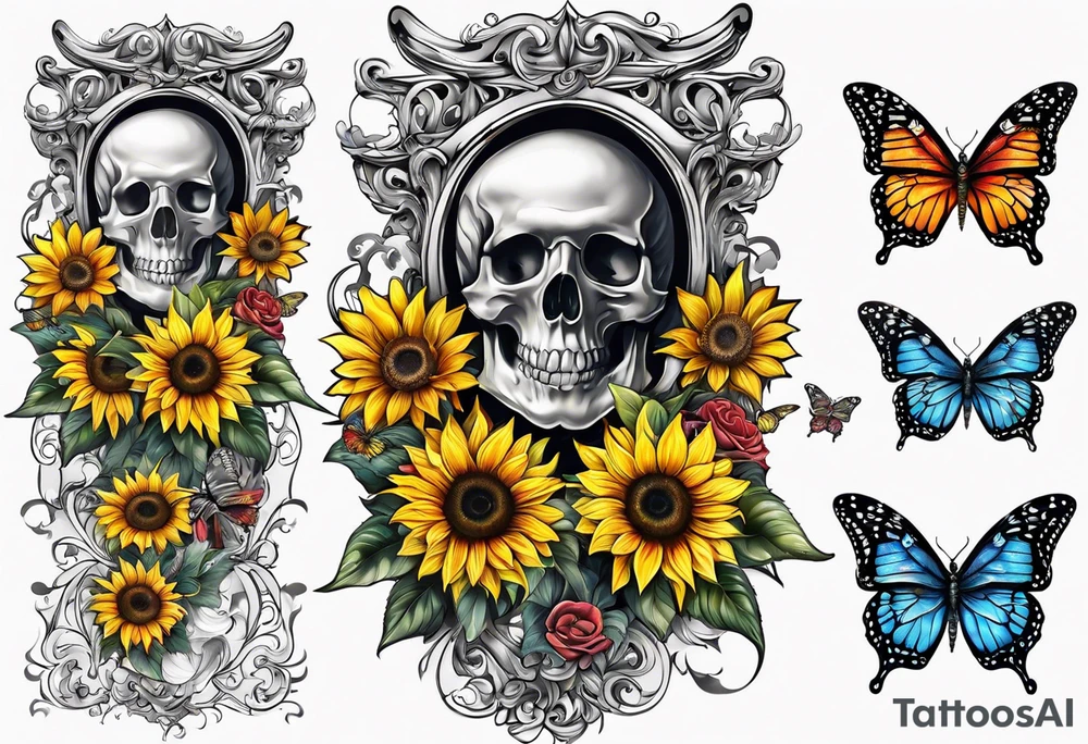 Arm sleeve with Winged cross with sunflower and butterflies tattoo idea