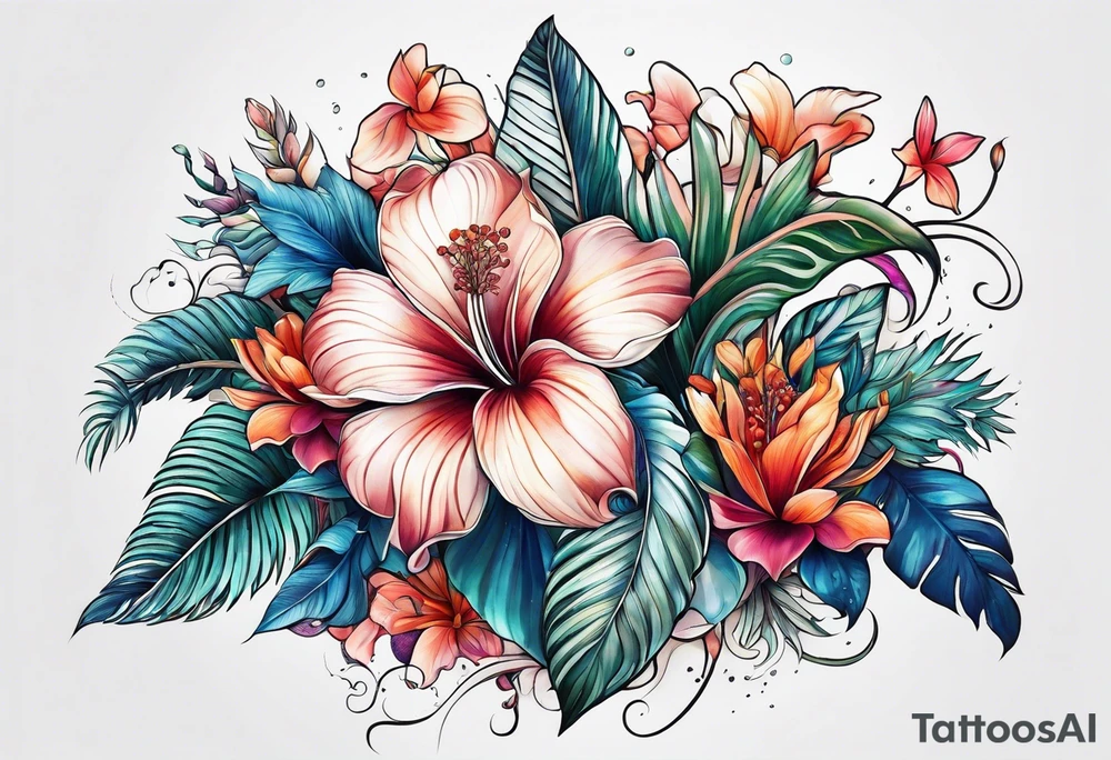 sea, flower, palm, animal tattoo idea