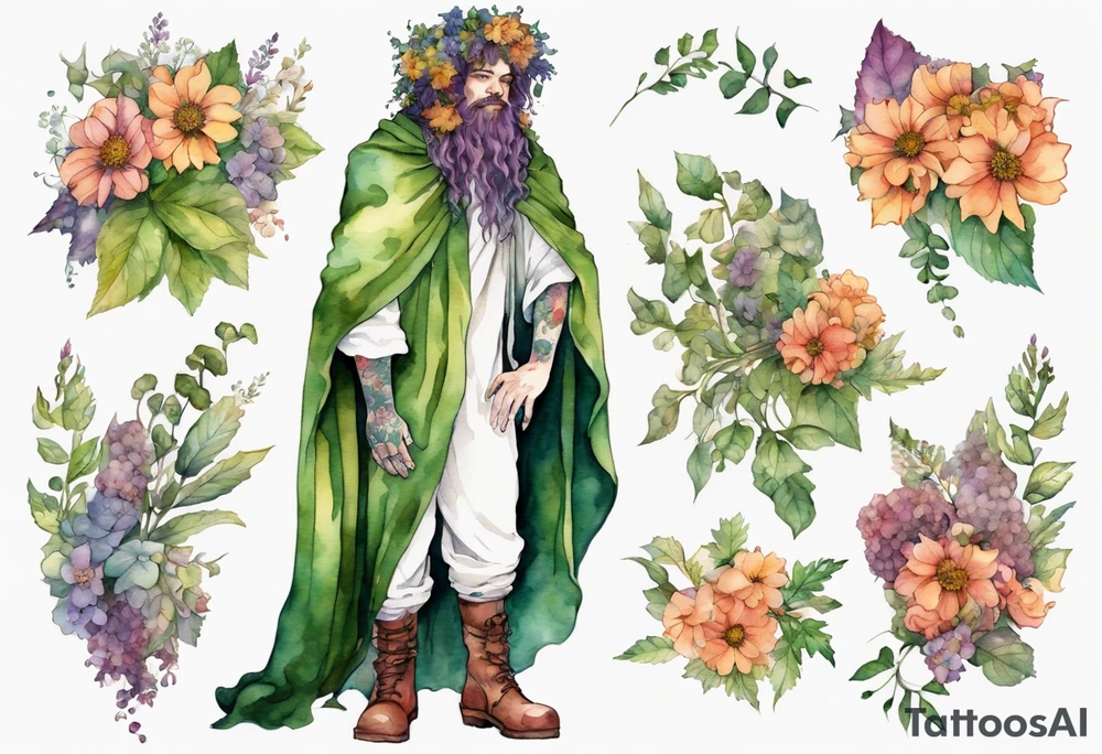 Dionysus covered in flowers and leaves wearing a cloak and mossy boots tattoo idea