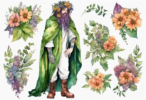 Dionysus covered in flowers and leaves wearing a cloak and mossy boots tattoo idea