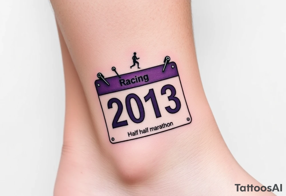 Racing half marathon bib 2013 purple and gold running safety pins piercing the skin running tattoo idea