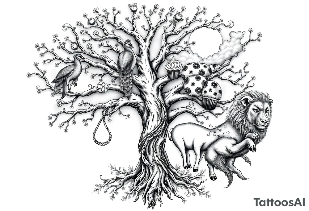 mystical tree  with cosmic  branches fat naked sexy woman , peacock , pig , cupcakes, liquor, cigerette, Storm clouds, pig, peacock , fat sexy naked fat woman, cupcakes, noose , money, goat lion, couple having sex toys pussy dicks, cigerette storm lightening, killing, darkness death, violent majestic creatures and fat naked girl tattoo idea