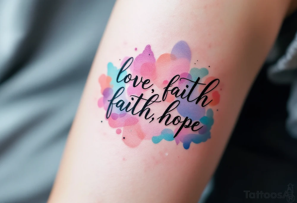 Black ink "love, faith,hope" with a watercolor background blending soft pink, lavender, and sky blue. tattoo idea