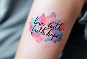 Black ink "love, faith,hope" with a watercolor background blending soft pink, lavender, and sky blue. tattoo idea