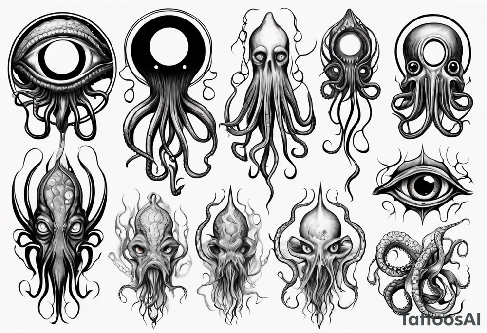 lovecraft theme with tentacle+++ and eyes for forearms
long tattoo tattoo idea