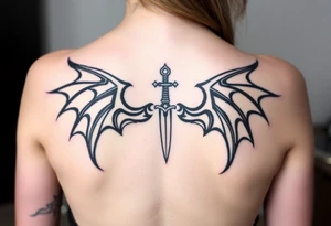 Dragon wings with sword in middle small tattoo idea