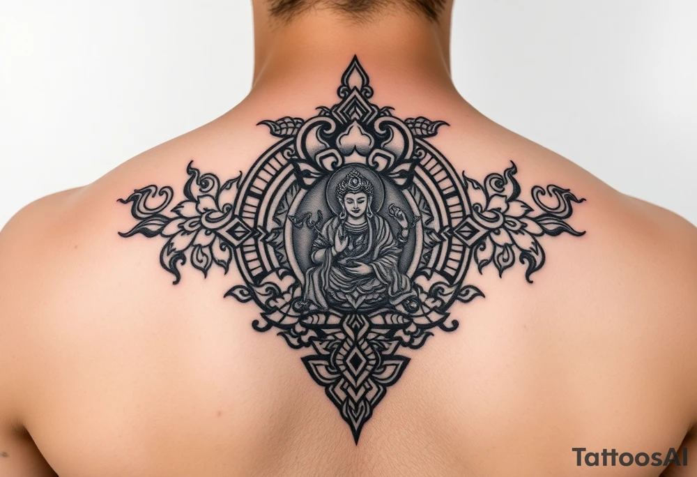"Tibetan thangka tattoo. Geometric patterns, black/red ink." tattoo idea