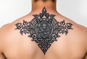 "Tibetan thangka tattoo. Geometric patterns, black/red ink." tattoo idea