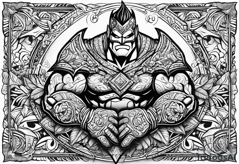 beachbum superhero on a surfboard with tiki guys tattoo idea
