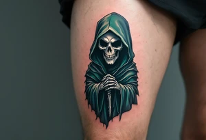 A hyper-realistic Reaper with silver bone details and a dark green cloak blending into shadows. tattoo idea