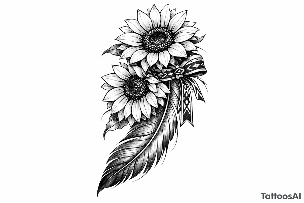 2 cascading sunflowers wrapped in simple Native American ribbon on top of a feather tattoo idea