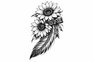 2 cascading sunflowers wrapped in simple Native American ribbon on top of a feather tattoo idea