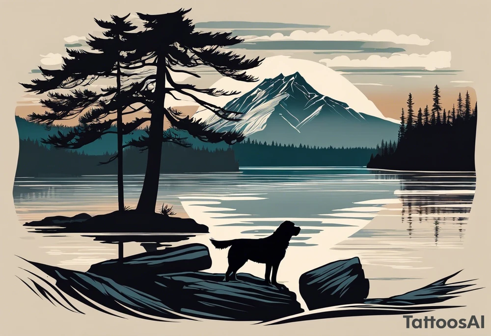 Sleeve tattoo windswept pine tree before lake with low rockface on far side of lake. Mastiff silhouette in the foreground. with a dock coming out from the shore. Canadian shield. 
Script write the words "If the sun refused to shine
I would still be loving you
When mountains crumble to the sea
There will still be you and me" tattoo idea