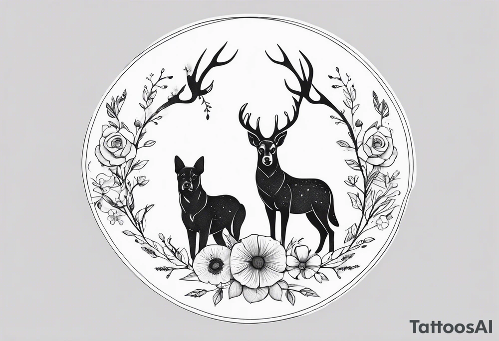 Huntig dog an deer next to each other, circle around the tattoo with flowers tattoo idea