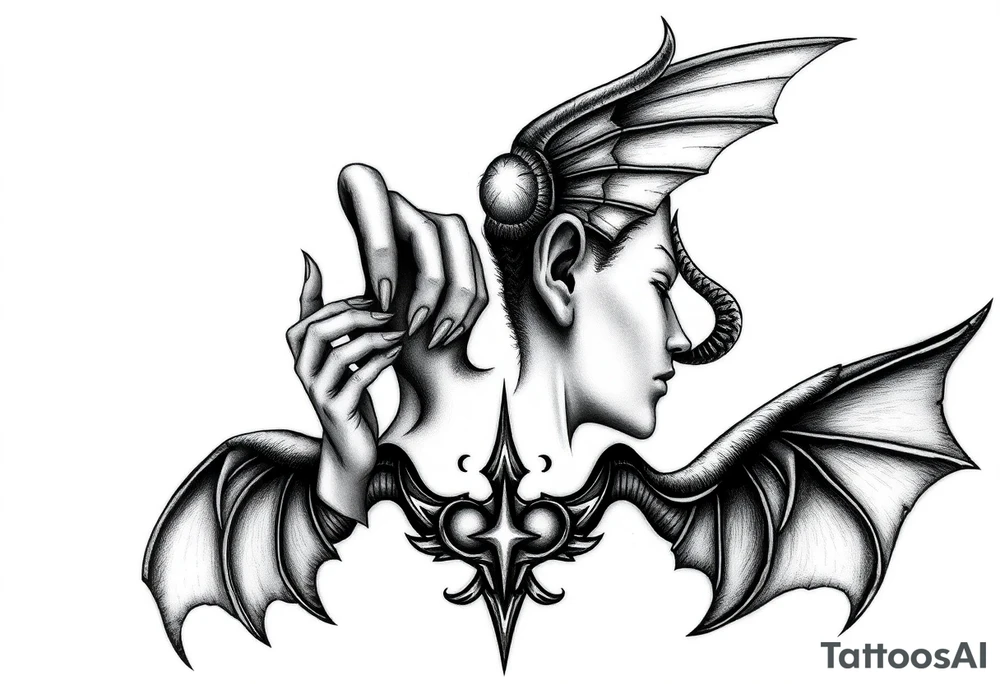 position behind the neck Angel (on the right) whispering in the right ear, demon (on the left) whispering in the left ear. It must be as realistic as possible. tattoo idea