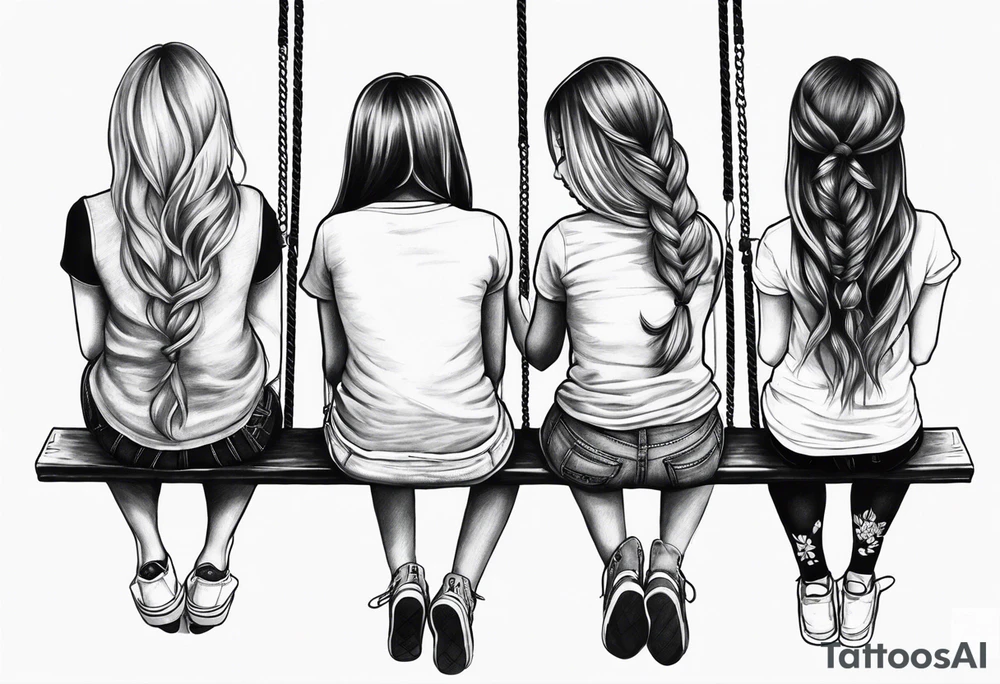 Create a realistic tattoo design of three girls sitting from behind on a swing. The first girl on the left is the oldest and has long hair. The second girl, sitting in the middle, is the middle child and has shorter hair. The third girl, sitting on the right, is the youngest and has two pigtails tattoo idea