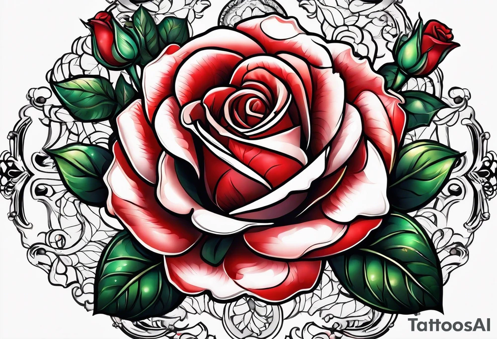 Red rose with a pearl necklace tattoo idea