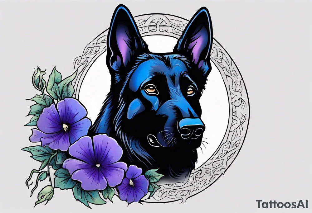 Black German shepherd face surrounded by blue and purple morning glories tattoo idea