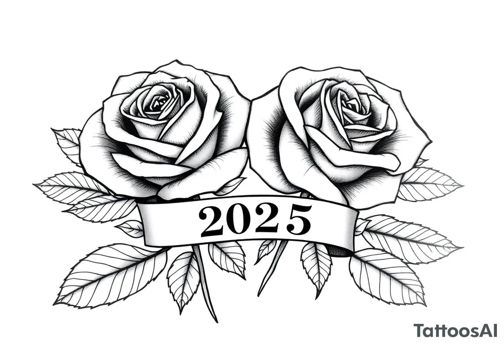 two beautiful large rose buds, one larger than the other, with lots and lots of leaves next to the rose buds, with one sitting slightly higher than the other, side-by-side.  Include a banner connecting the two roses with the year 2025 on it.   Use dark outlines with little shading. Remove all stems from the roses. tattoo idea