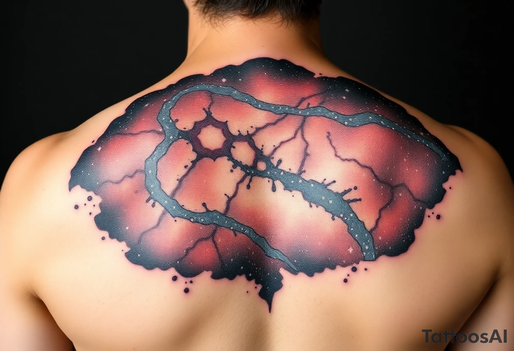 Beautiful and epic 3d milky way that appears to be what is beneath the skin. Make it drape over the shoulder and move to the middle back. use negative spaces to create stars and dust. Incorporate God breathing life into the universe. Keep it symmetrical tattoo idea