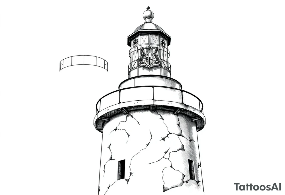 a whole lighthouse with a coat of arms incorporated into the roof tattoo idea