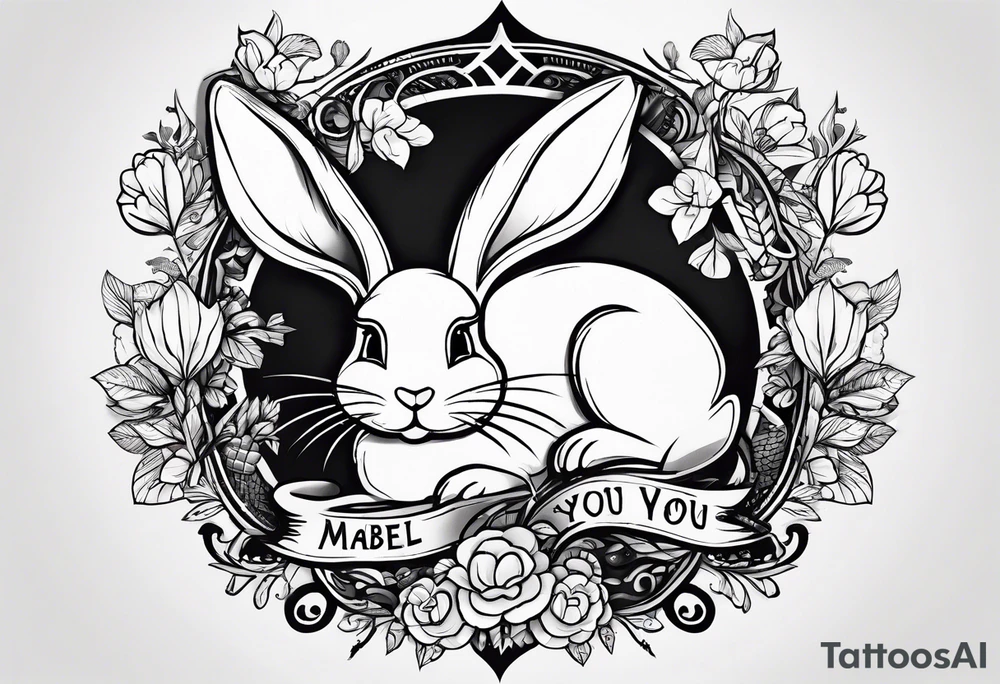 The tattoo is hand drawn. 

Theres a bunny jumping over an axe. Theres a small dog face with the words “Mabel loves you” underneath tattoo idea