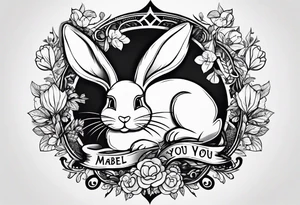 The tattoo is hand drawn. 

Theres a bunny jumping over an axe. Theres a small dog face with the words “Mabel loves you” underneath tattoo idea