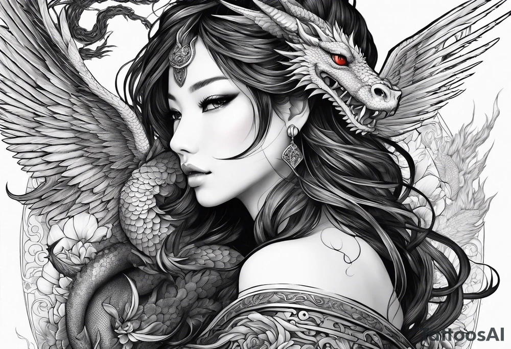 beautiful warrior nymph with wings and a dragon friend tattoo idea