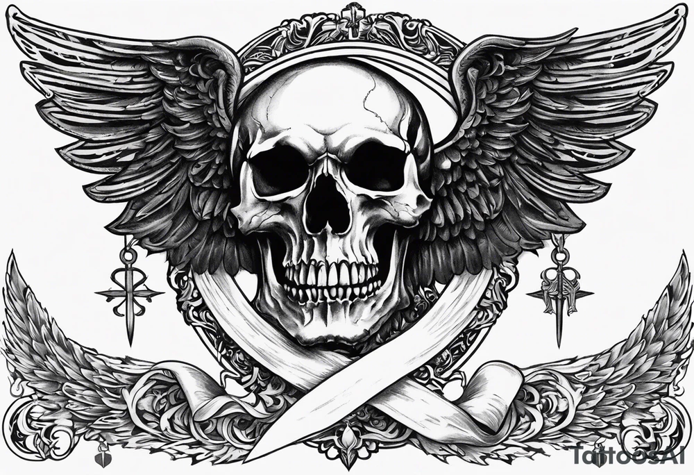 In the center is a half skull pierced by a large sword. On either side of the skull, there are spread angel wings, Beneath the skull is a ribbon with latvian symbols that weaves through both the skull and the sword tattoo idea