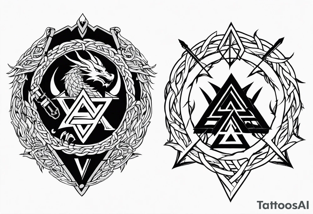 Valhalla sword shield dragon axe barbed wire chains valknut fire tattoo idea Valhalla sword shield dragon axe barbed wire chains valknut fire tattoo idea