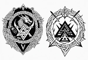 Valhalla sword shield dragon axe barbed wire chains valknut fire tattoo idea