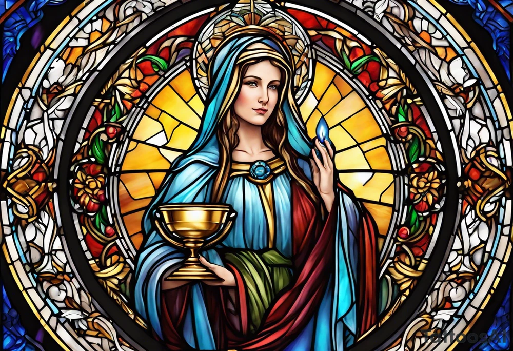 holy saint woman with halo stained glass holding a chalice with artillery tattoo idea