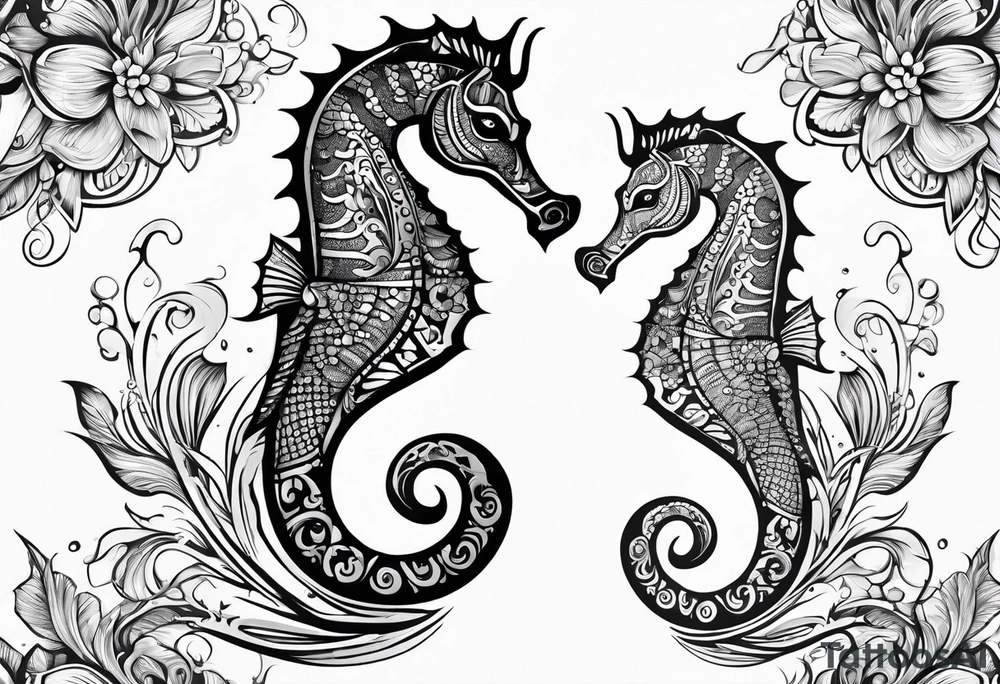 seahorse on white background, black and white, intricate Polynesian tattoo, for laser engraving tattoo idea