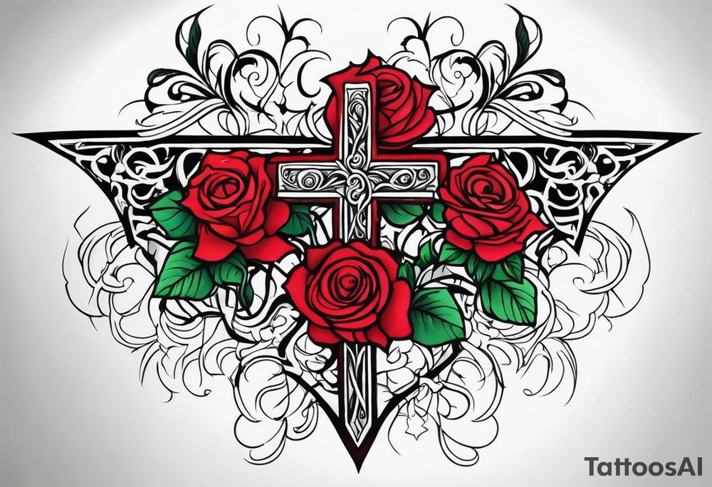 Cross with roses and vines on forarm tattoo idea