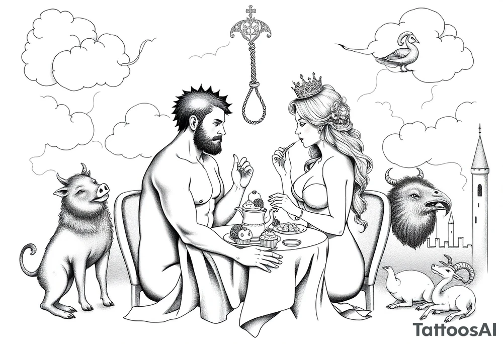 Mystical Naked Man and woman having sex eating cupcakes and  fruit  having sex clouds gothic sexy naked fat lady having a tea party with tea pot at a famcy castle  
with a pigs, peacock, noose, lion, goat, smoking cigerettes looking in the mirror thru storm clouds with razor blades and broken hearts and darkness and wrath, envy , gluttony, greed, sloth, pride kill tattoo idea