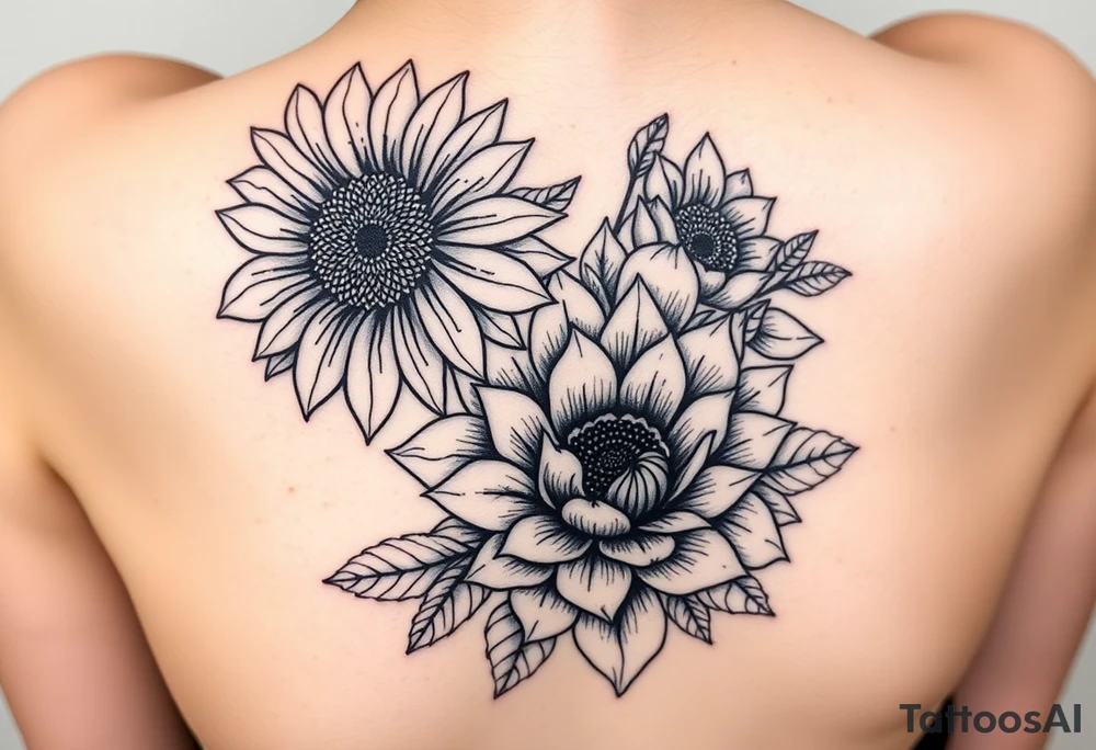 Sunflower, peony, cherry blossom, lotus, Delilah’s floral tattoo idea