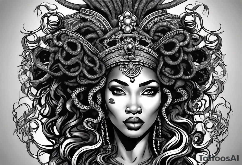 A black African queen Medusa with no eyes tattoo idea