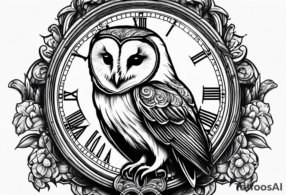 Barn owl holding a pocket watch with the time set at 1:43 tattoo idea