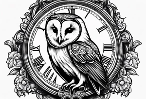 Barn owl holding a pocket watch with the time set at 1:43 tattoo idea