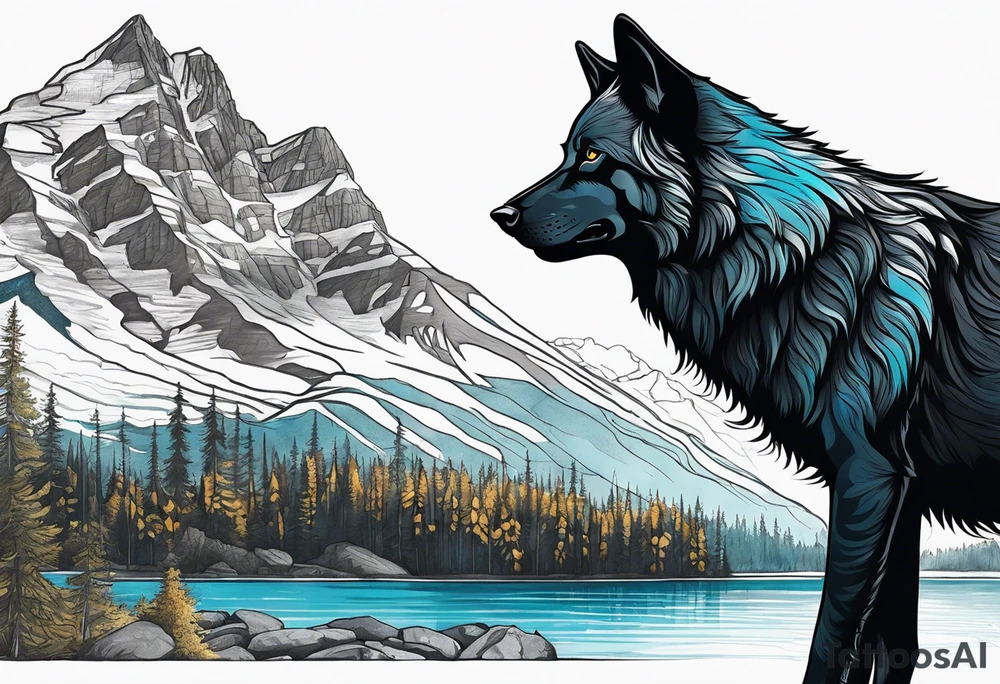 Create a tattoo of a black wolf with mountain/lake tattoo idea