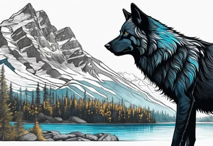 Create a tattoo of a black wolf with mountain/lake tattoo idea