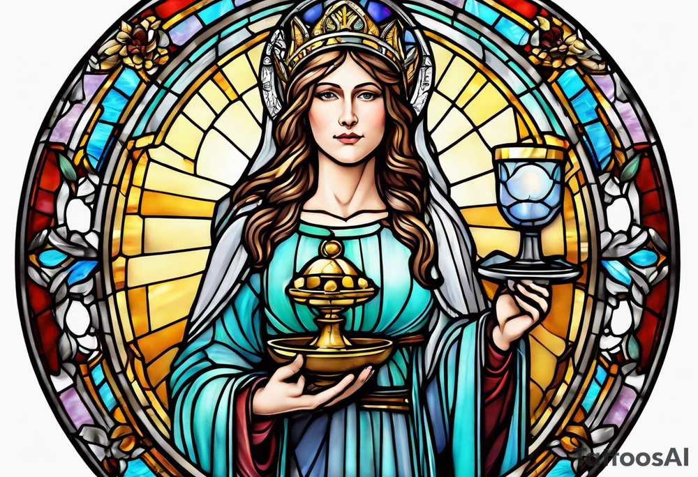 holy saint woman with halo stained glass holding a chalice with artillery tattoo idea