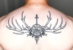 Long one line 1 in wide by 10 inches long of real elk and deer antlers sheds intertwined , a compass, and mountains tattoo idea