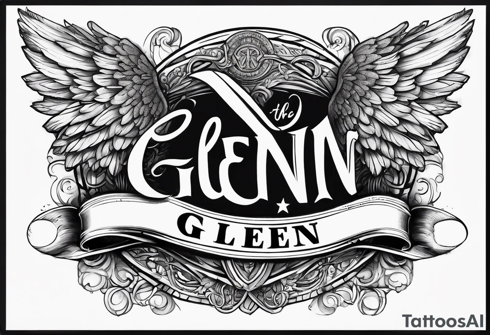 The word Glenn on a banner with angel Wings tattoo idea