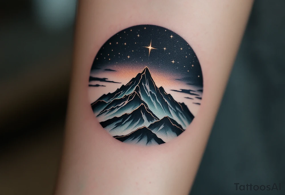 The phrase “Through Hardships To the Stars” flows in ink the color of rusted copper, rising over a dark green mountain range beneath a night sky. tattoo idea