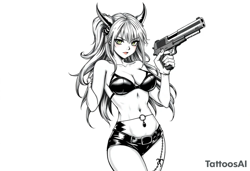 succubus, slut, anime, holding gun, black, leather bikini, angry tattoo idea