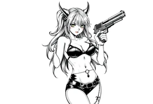 succubus, slut, anime, holding gun, black, leather bikini, angry tattoo idea