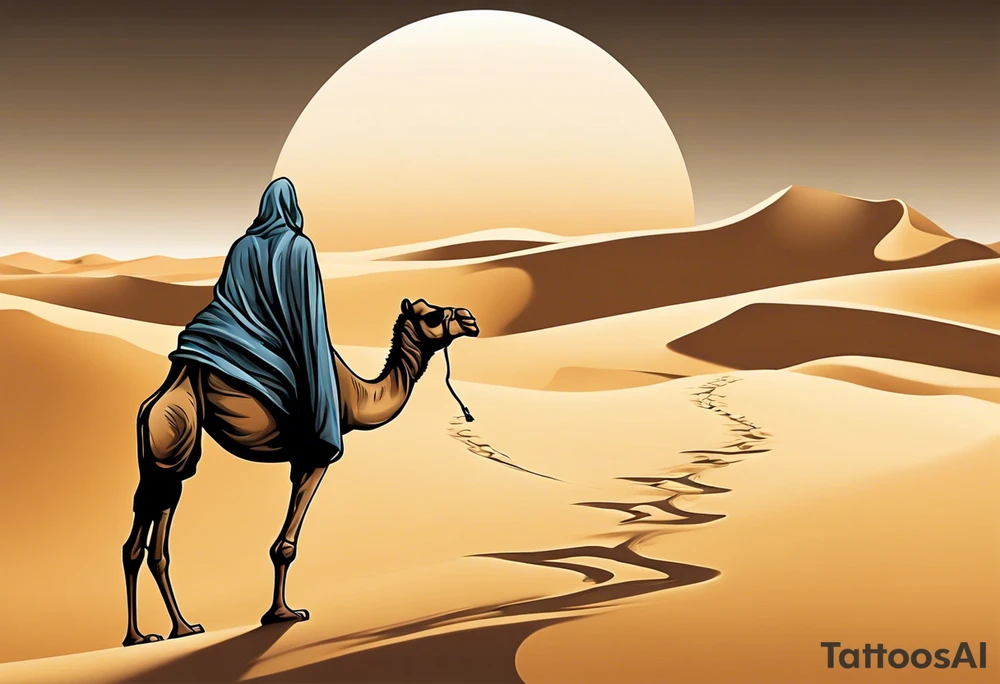 Design a tattoo depicting a distant view of a vast desert landscape with low, undulating sand dunes. Capture a man and his camel moving away, leaving footprints in the sand, both resilient against the harsh environment. The man covers his face with a long cloth, adding a sense of mystery and solitude to the scene. tattoo idea